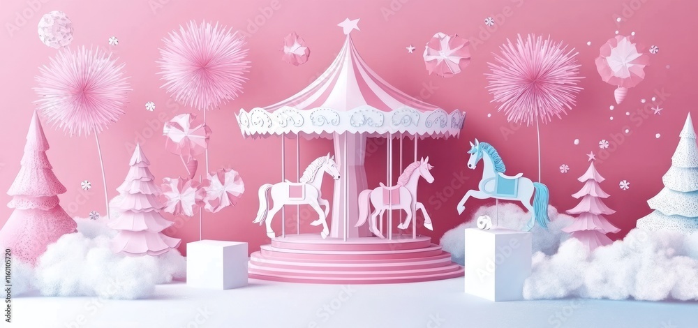Pink carousel with horses, paper flowers, and winter trees. Pink carousel with horses, paper flowers, and winter trees.