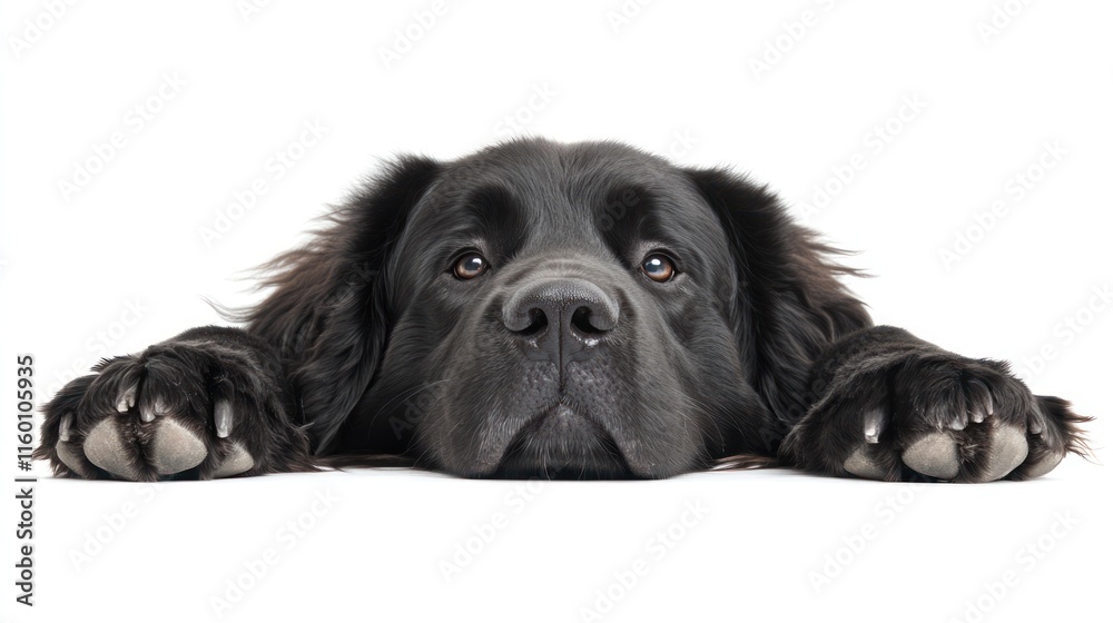 A black Newfoundland dog rests its head and paws on a white surface, looking directly at the viewer. A black Newfoundland dog rests its head and paws on a white surface, looking directly at the viewer.