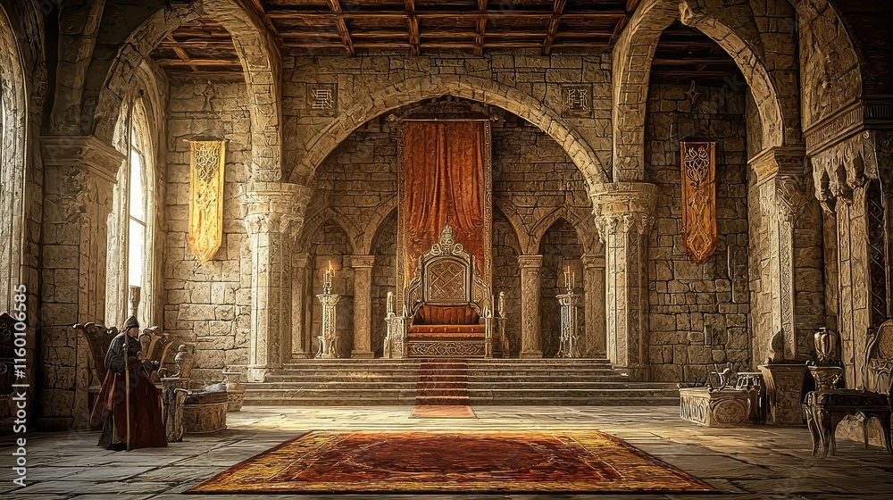 Obraz premium Majestic Medieval Throne Room Interior with Stone Architecture