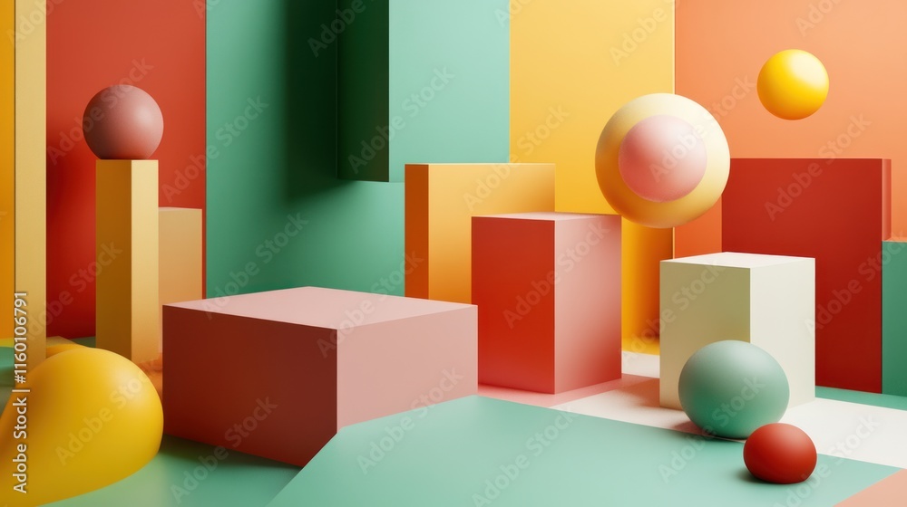 Abstract Pastel Geometric Composition: A vibrant display of colorful spheres and cubes against a backdrop of pastel-toned walls, creating a playful and modern aesthetic. Abstract Pastel Geometric Composition: A vibrant display of colorful spheres and cubes against a backdrop of pastel-toned walls, creating a playful and modern aesthetic.