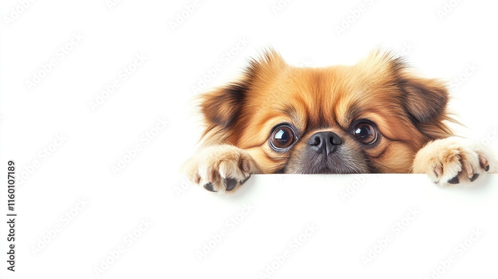 Cute puppy peeking over white background, paws on edge, big eyes. Cute puppy peeking over white background, paws on edge, big eyes.