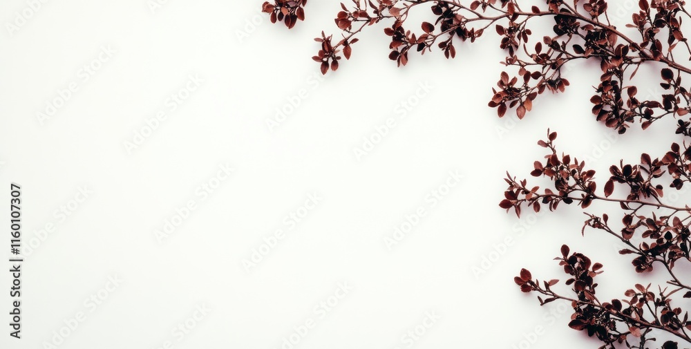 Dried reddish-brown branches with tiny leaves arranged on a white background, creating a frame. Dried reddish-brown branches with tiny leaves arranged on a white background, creating a frame.