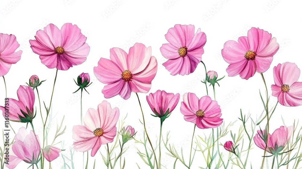 Fototapeta premium Watercolor of pink cosmos flower isolated on white background,Collection cosmea flower and leaves,wildflowers seamless pattern,soft colorful blooming flower background.