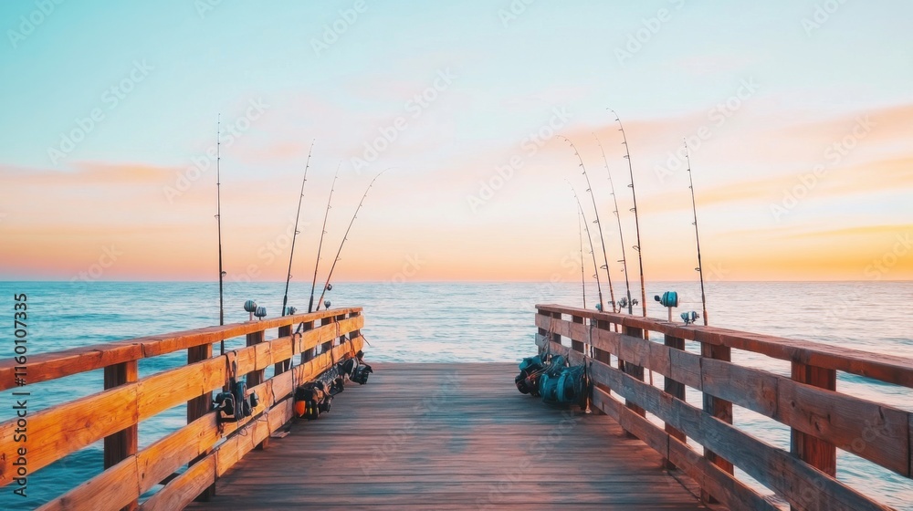 An expansive fishing pier extending over calm ocean waters, Fishing gear arranged for a day’s catch, Coastal leisure style An expansive fishing pier extending over calm ocean waters, Fishing gear arranged for a day’s catch, Coastal leisure style