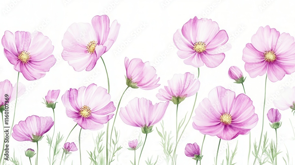 custom made wallpaper toronto digitalWatercolor of pink cosmos flower isolated on white background,Collection cosmea flower and leaves,wildflowers seamless pattern,soft colorful blooming flower background.
