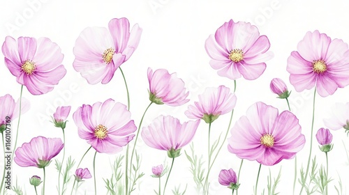 Wallpaper Mural Watercolor of pink cosmos flower isolated on white background,Collection cosmea flower and leaves,wildflowers seamless pattern,soft colorful blooming flower background. Torontodigital.ca