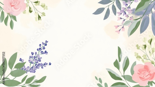 Wallpaper Mural Soft watercolor floral frame with roses, lavender, and leaves on a white background. Torontodigital.ca
