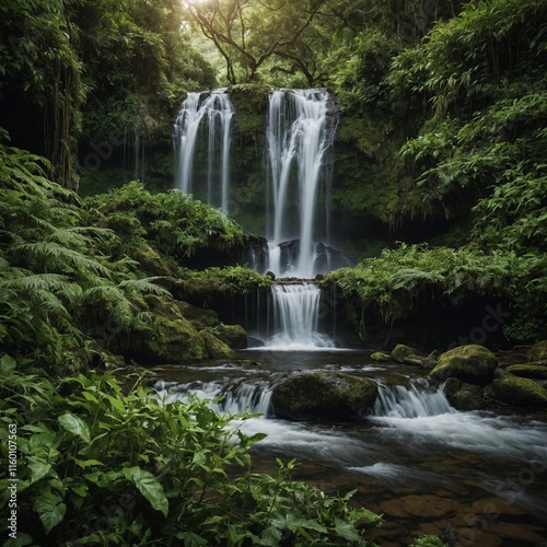 A waterfall framed by lush greenery.