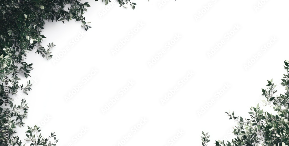Lush green leaves frame a white background, perfect for text or design. Lush green leaves frame a white background, perfect for text or design.