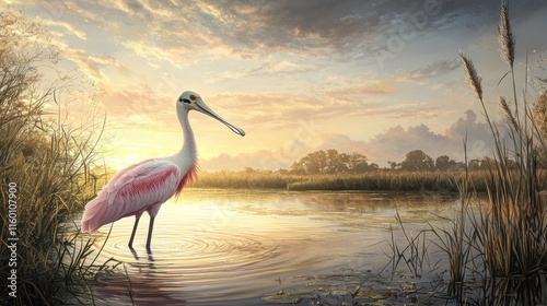 Roseate Spoonbill wading in tranquil sunset marsh. photo
