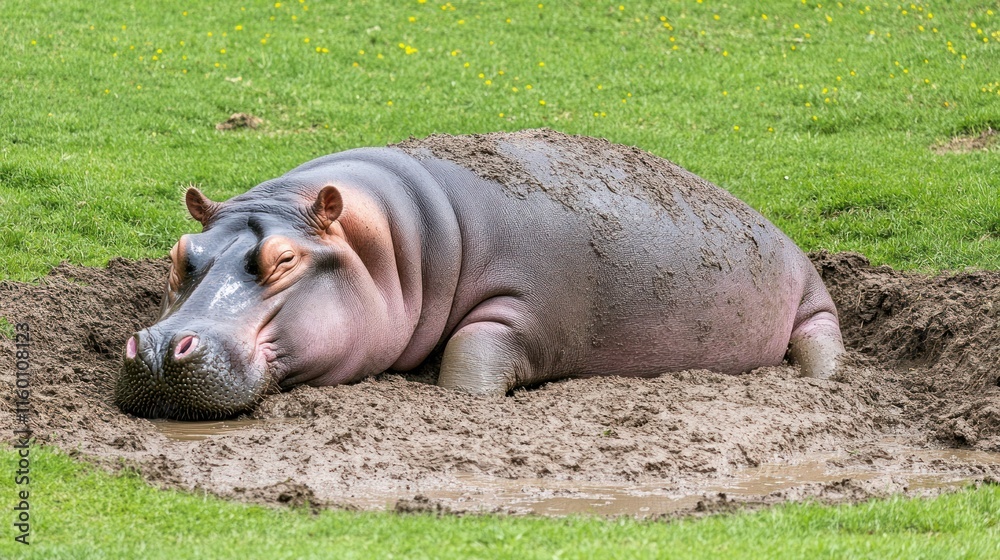 A large hippopotamus rests in a mud wallow on a grassy field. A large hippopotamus rests in a mud wallow on a grassy field.