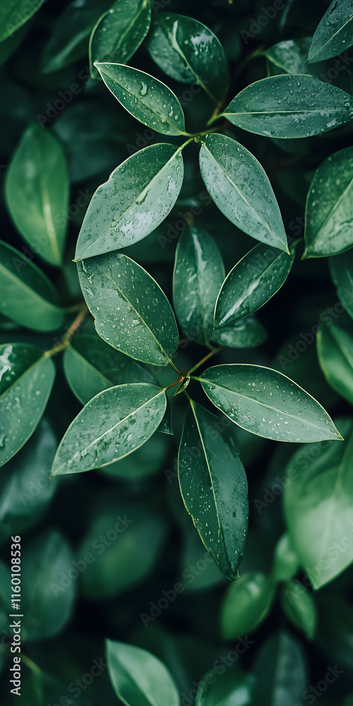Fototapeta premium Lush Green Leaves with Water Droplets Showing Natural Freshness : Generative AI