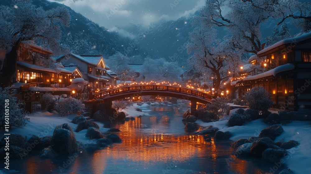 Obraz premium Snow Covered Village Bridge Winter Night Scene