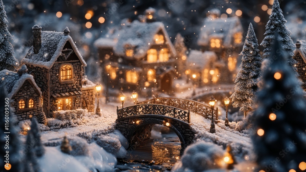 Naklejka premium A Snowy Winter Village Scene With Lights And Bridge