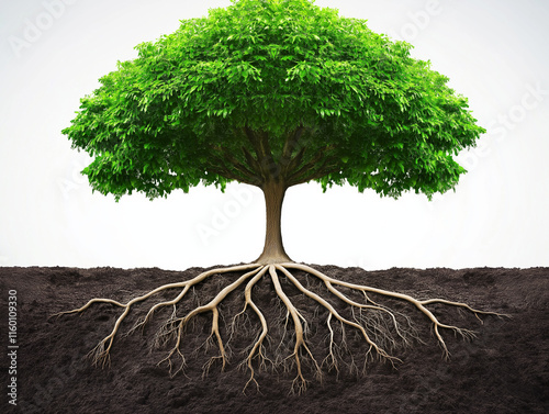 tree on the ground , trees on a white background A standing tree with a taproot system, roots, branches, and root fibers.