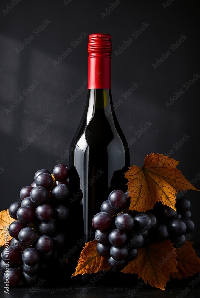 Obraz premium Elegant Red Wine Bottle Surrounded by Dark Grapes and Autumn Leaves