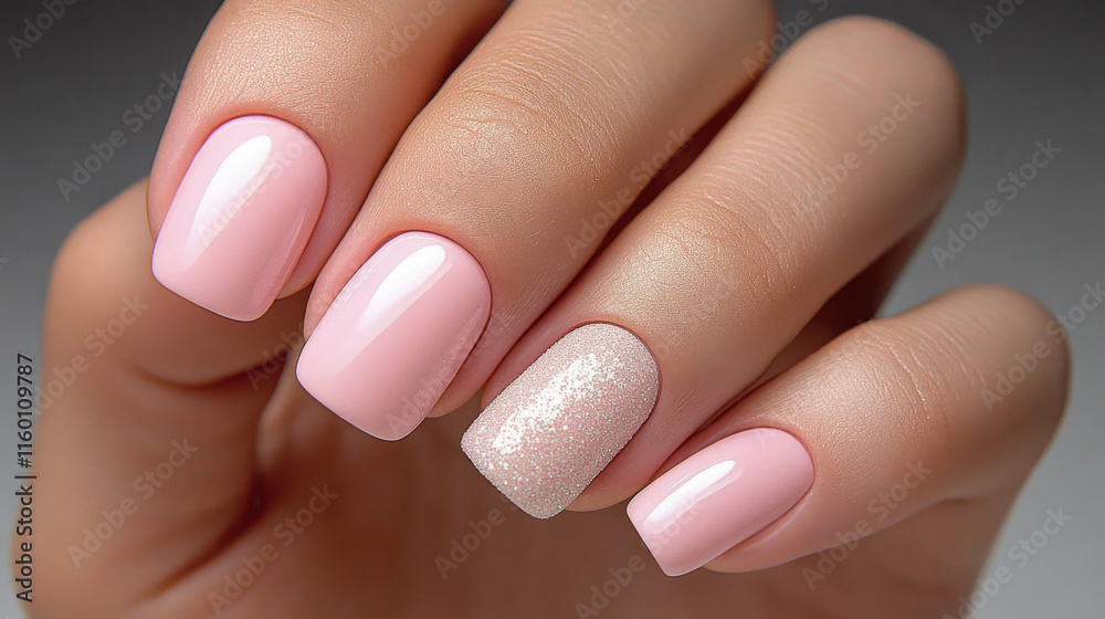 A close-up of a manicured hand showcasing elegant pink nails, with one accent nail featuring a sparkly finish for added flair. A close-up of a manicured hand showcasing elegant pink nails, with one accent nail featuring a sparkly finish for added flair.