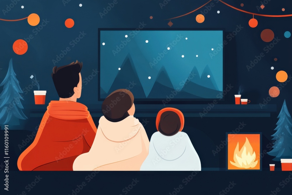 Cozy Family Evening by the Fireplace with Festive Decorations, Enjoying Movie Night Together in a Warm, Inviting Atmosphere Surrounded by Nature's Beauty Cozy Family Evening by the Fireplace with Festive Decorations, Enjoying Movie Night Together in a Warm, Inviting Atmosphere Surrounded by Nature's Beauty