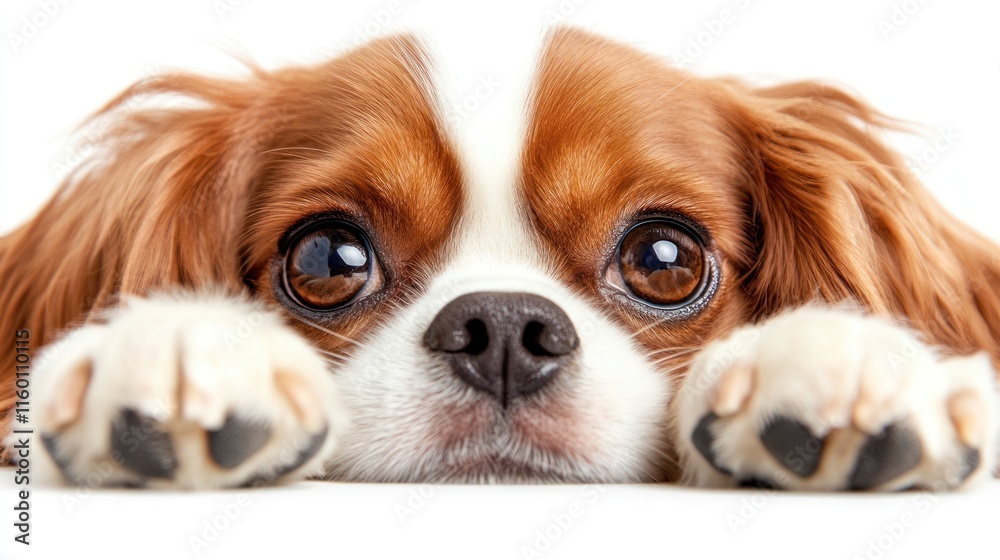 Adorable Cavalier King Charles Spaniel puppy lying down with paws forward, looking at camera on white background. Adorable Cavalier King Charles Spaniel puppy lying down with paws forward, looking at camera on white background.