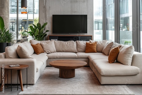 Beige sectional sofa with orange pillows in modern living room. Ideal for showcasing modern interior design  comfort  and relaxation.