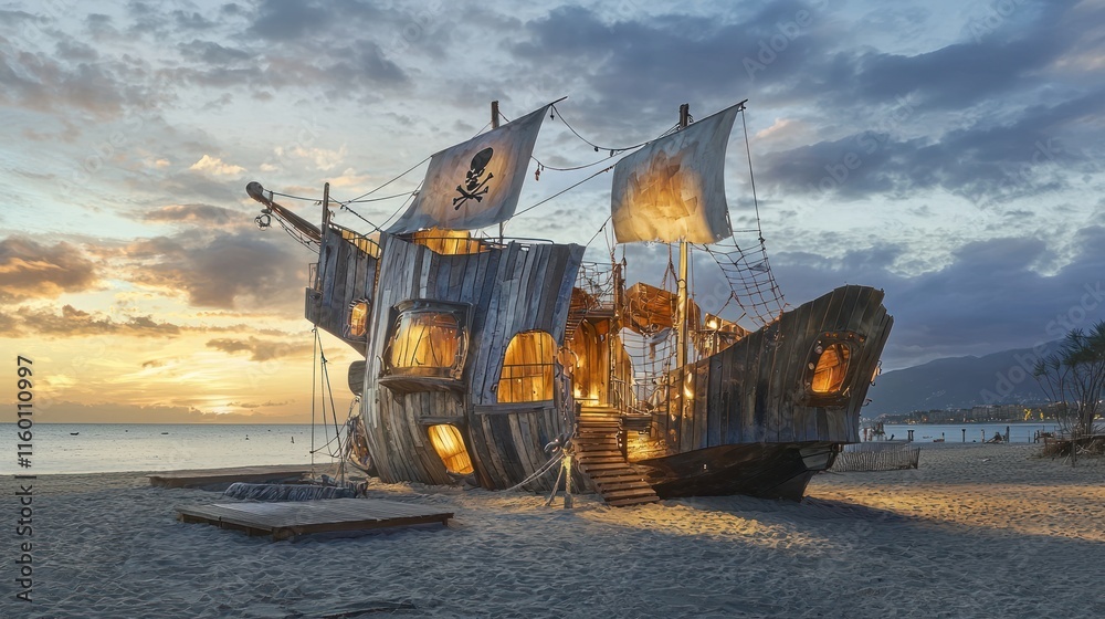 Fototapeta premium Sunset beach pirate ship playground.