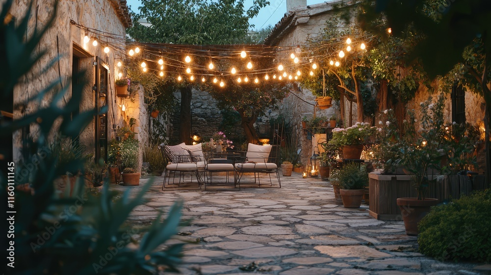 Cozy outdoor patio with string lights and blooming plants at dusk Cozy outdoor patio with string lights and blooming plants at dusk