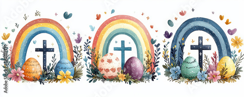 Three colorful Easter scenes with rainbows, crosses, eggs, and flowers, symbolizing joy and renewal