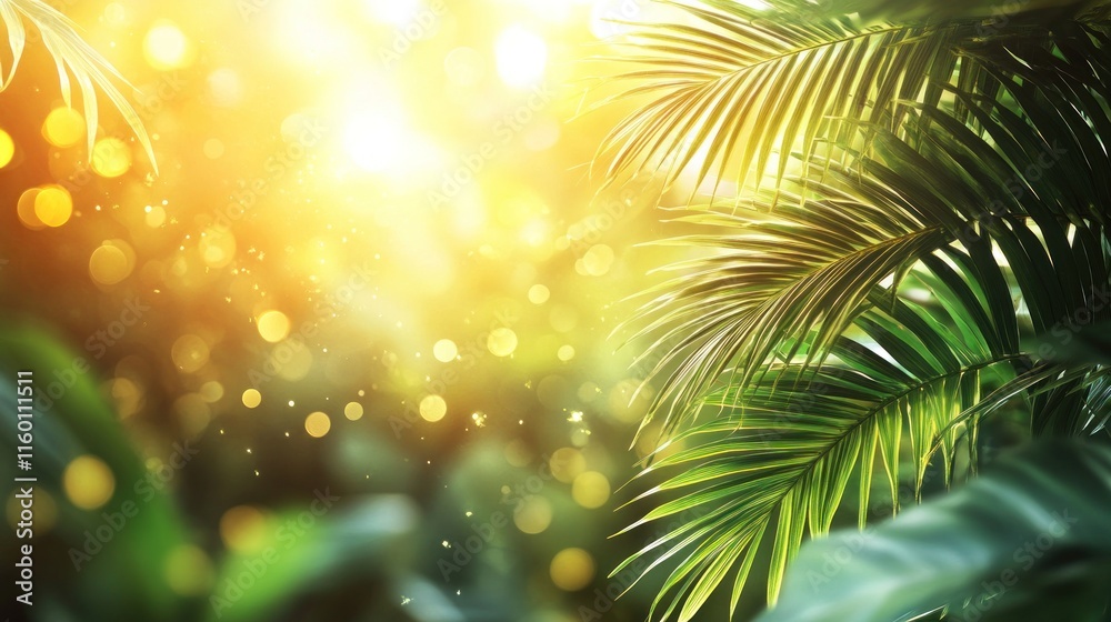 Lush green palm leaves backlit by warm sunlight, creating a tropical, vibrant scene. Lush green palm leaves backlit by warm sunlight, creating a tropical, vibrant scene.