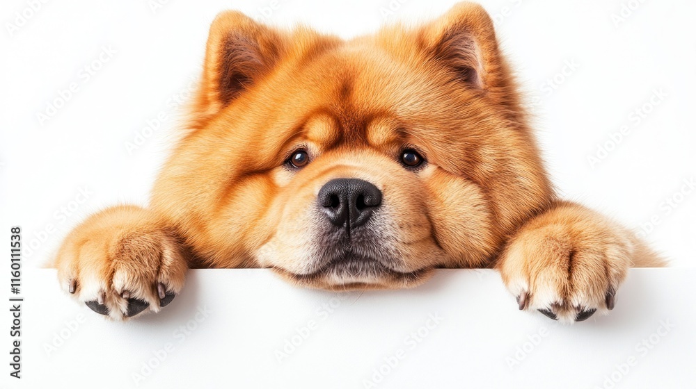 Adorable fluffy Chow Chow dog peeking over white sign. Adorable fluffy Chow Chow dog peeking over white sign.