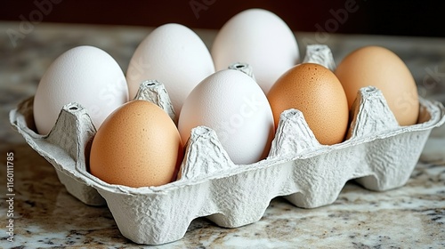 Eggs in an egg carton on the kitchen counter, close-up view of eggs in white and brown colors, natural lighting. 