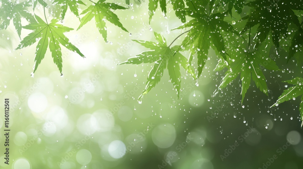 Lush green maple leaves with rain drops, bokeh background. Lush green maple leaves with rain drops, bokeh background.