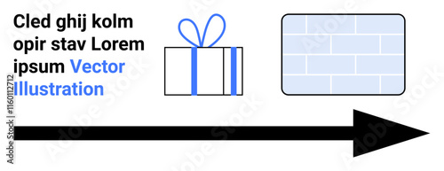 Gift box tied with a blue ribbon, rectangular light brick wall, large black arrow pointing rightward. Ideal for deliveries, navigation, gifting, celebrations, construction, directions marketing