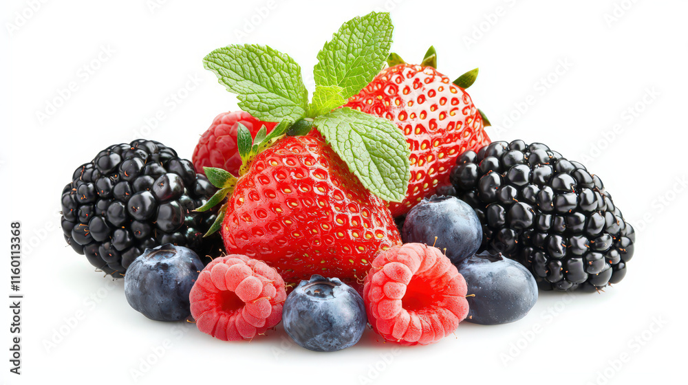 Radiant berries, including strawberries, blueberries, blackberries, and raspberries, paired with mint. Vibrant, fresh, and showcased beautifully on a crisp white canvas. Radiant berries, including strawberries, blueberries, blackberries, and raspberries, paired with mint. Vibrant, fresh, and showcased beautifully on a crisp white canvas.