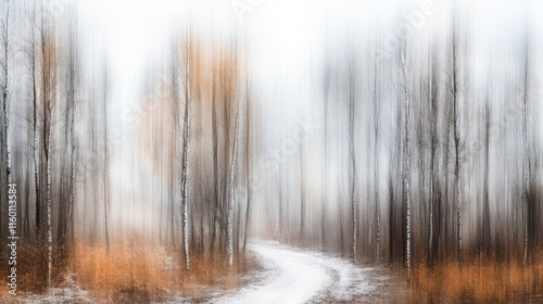 Abstract winter forest path, blurred trees, snow, fog, subtle colors.