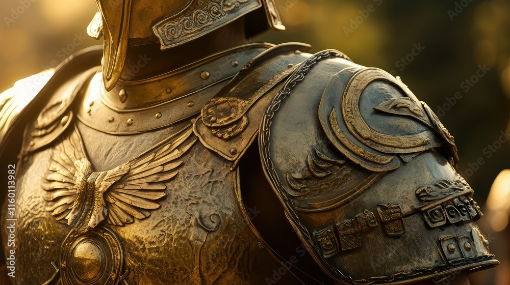 Detailed Bronze Armor with Eagle Motif Under Soft Glowing Light Detailed Bronze Armor with Eagle Motif Under Soft Glowing Light