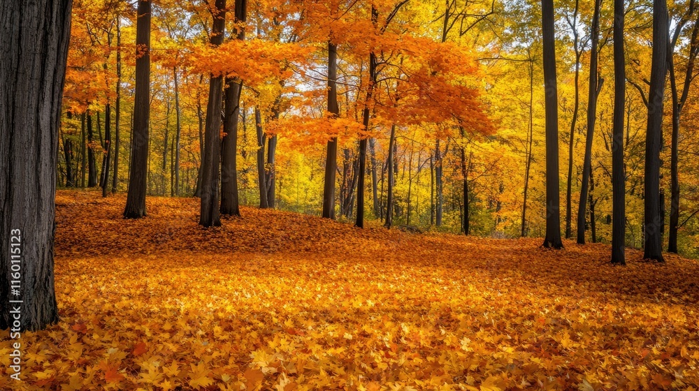 Obraz premium Vibrant autumn forest with golden leaves covering the ground.