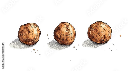 Three Delicious Hand-Drawn Meatballs on White Background