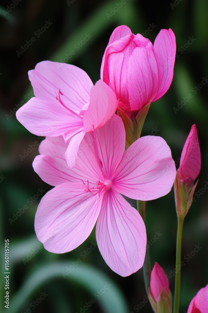 Delicate pink flowers bloom gracefully, showcasing soft petals and vibrant colors against a lush green background, creating a serene and enchanting scene. Delicate pink flowers bloom gracefully, showcasing soft petals and vibrant colors against a lush green background, creating a serene and enchanting scene.