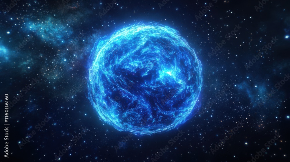 Obraz premium Bright neon-blue gas planet with luminous swirling storms and a glowing halo of shimmering particles, set against a backdrop of distant galaxies and sparkling stars, cosmic, cinematic, ethereal, 