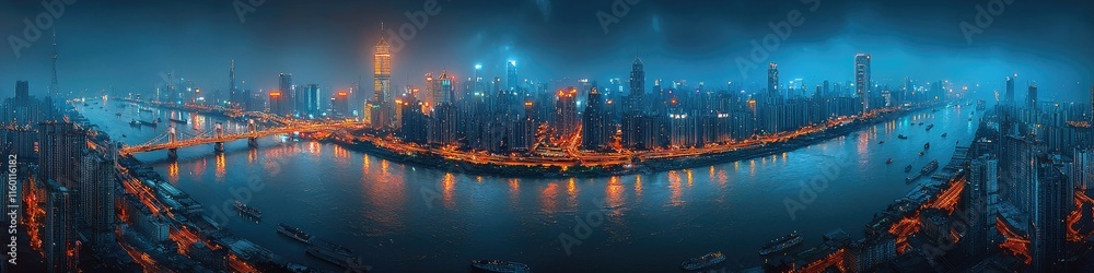 Fototapeta premium A panoramic cityscape at night, showcasing illuminated buildings and a river.