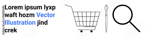 Shopping cart, paintbrush, and magnifying glass symbolize shopping, art, and discovery. Ideal for ecommerce, creativity, research, art supplies, online stores, marketing. Banner for landing page