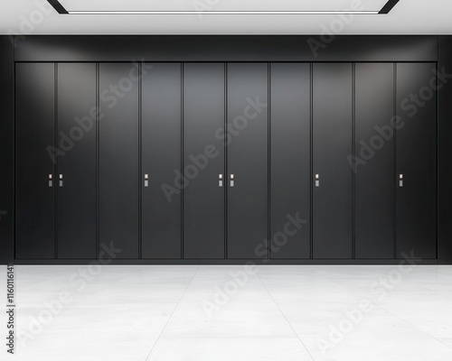 Contemporary bank vault with sleek black lockers, touchpad access, and minimalist decor, contemporary deposit box room, modern, minimalistic photo