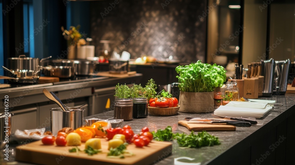 An inviting culinary workshop with chef's tools and fresh ingredients, Cooking utensils arranged amidst kitchen counters and gourmet dishes, Gourmet cooking style An inviting culinary workshop with chef's tools and fresh ingredients, Cooking utensils arranged amidst kitchen counters and gourmet dishes, Gourmet cooking style
