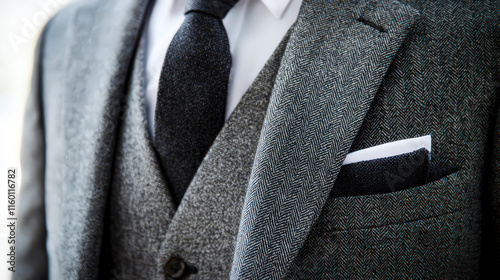 A formal gray suit displayed without a person, featuring a tailored jacket, crisp white shirt, and a dark tie.