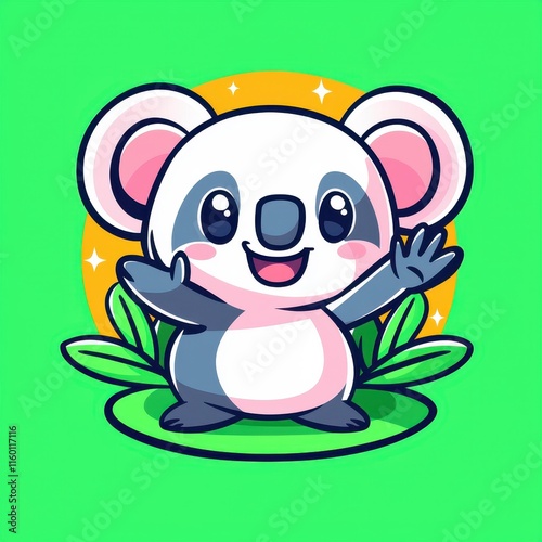 A colorful flat design vector of a cheerful koala waving from a glowing eucalyptus tree, surrounded by tiny stars, set on a pastel green background for a calming and cute design.  photo