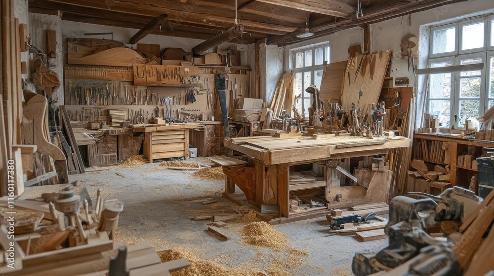 An inviting woodworking workshop with carpenter's tools and woodworking projects, Woodworking tools arranged amidst sawdust-covered workbenches and finished wood products, Artisanal woodworking style An inviting woodworking workshop with carpenter's tools and woodworking projects, Woodworking tools arranged amidst sawdust-covered workbenches and finished wood products, Artisanal woodworking style