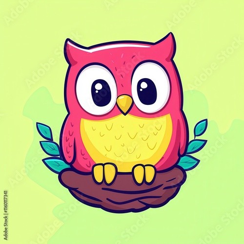 A flat design cartoon vector of a cheerful baby owl sitting in a glowing nest, surrounded by tiny glowing leaves, set on a pastel lavender background for a magical and woodland theme.  photo