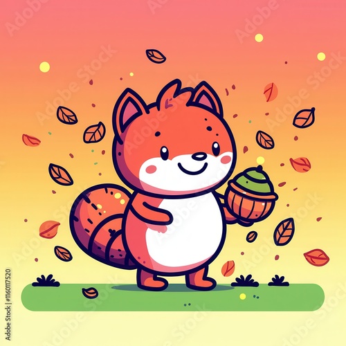 A flat design cartoon vector of a cheerful squirrel holding a glowing acorn, surrounded by falling leaves, set on a pastel orange and brown gradient background for an autumn-inspired theme.  photo