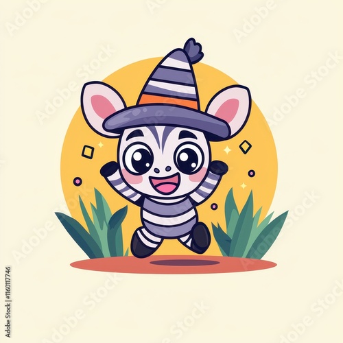 A flat design cartoon vector of a happy zebra wearing a tiny hat, surrounded by glowing grass and tiny sparkles, set on a pastel yellow background for a fun and safari-inspired theme.  photo