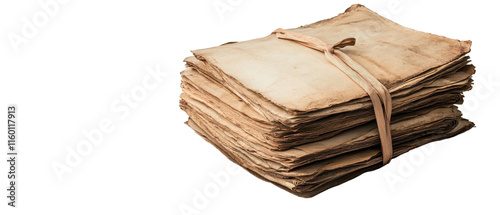 Old stacked documents tied with a ribbon. transparent background